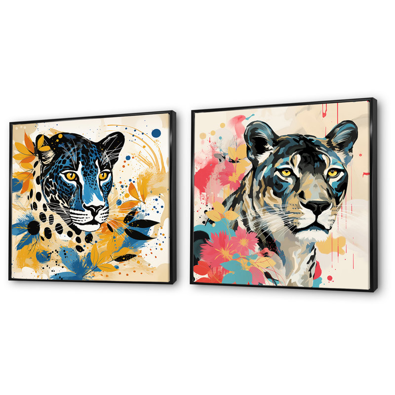 Collage de léopard jaune et bleu IV - ensemble de 2 impressions sur toile léopard, Cadre noir, H 16 po x l 33 po x P 1 po