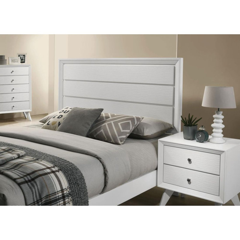White Queen Size Bed Panel Headboard Wave Texture Bedroom Furniture Wooden 1Pc Bedframe, Queen