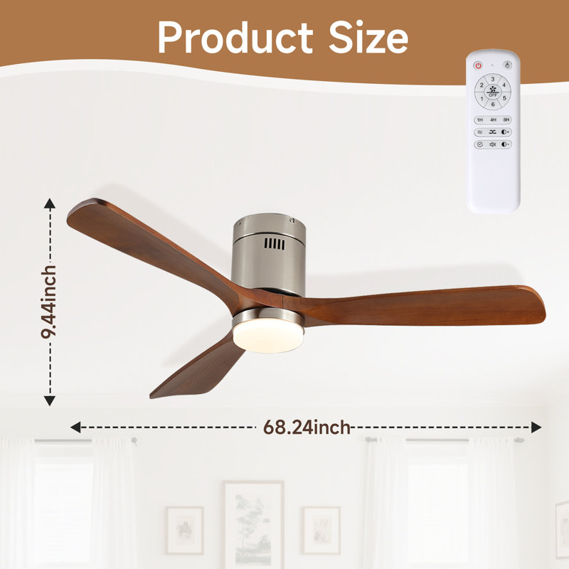52 Inch Modern Ceiling Fan with LED Light Kit and Remote Control 3 Solid Wood Fan Blades 3-Color Dimmable Light 6-Speed Reversible Motor with Timer