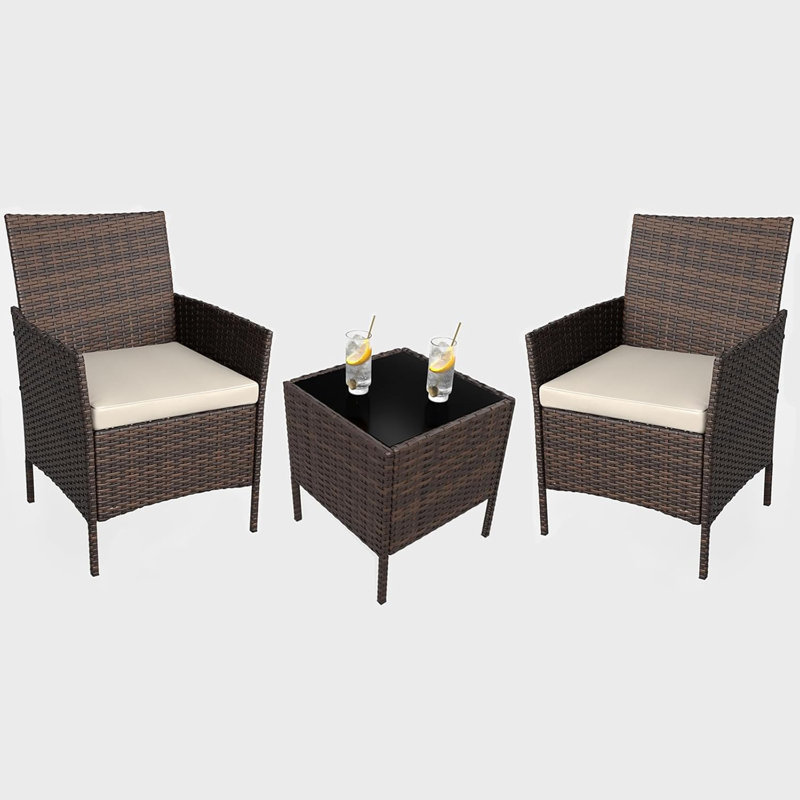 3 Piece Patio Bistro Set, Outdoor PE Rattan Wicker Furniture Set with 2 Chairs and Glass Top Coffee Table, Small Porch Furniture Conversation Set with Cushions for Balcony, Yard, Garden