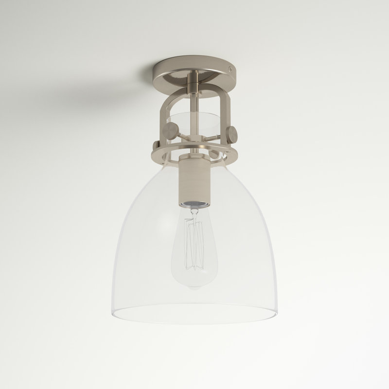 Plafonnier simple semi-encastré en forme de dôme à 1 lumière 8 po Borgen, Nickel satiné brossé, Clair, Ampoule de 60 watts