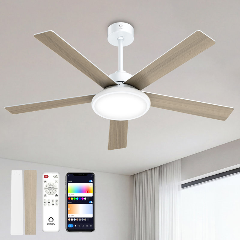 Lumary 52" Smart Ceiling Fan with RGBAI Lights Remote, WiFi Bluetooth Low Profile Ceiling Fan with Alexa/Google/App,Dimmable & Color Tuning, 5"/10" downrods Mount(White)