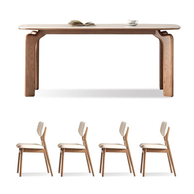 4 - Person White + Nut-brown Rectangular Sintered Stone + Solid Wood Dining Table Set