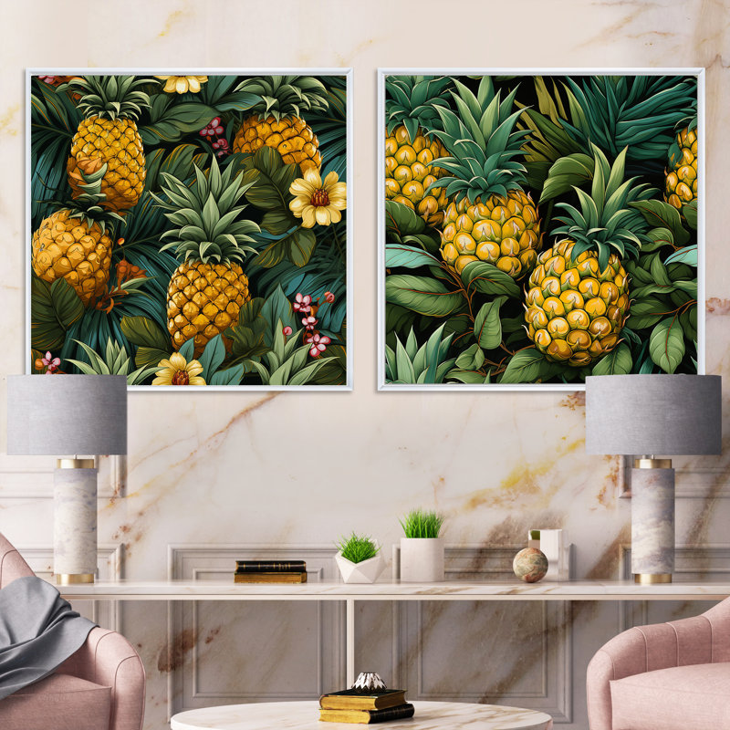 Pineapple Delight - motif tropical - ensemble de 2 collages carrés tropicaux, Cadre flottant brun, H 36 po x l 73 po