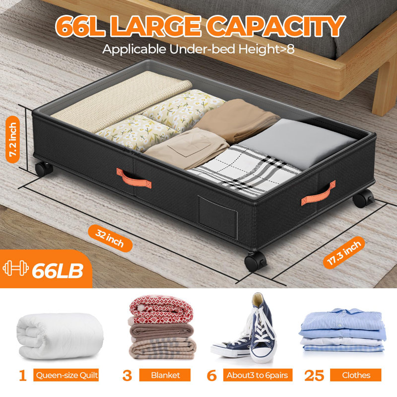 Under Bed Storage With Wheels,2-Pack Under Bed Storage Containers With Clear Lids,XXL 66L Large Under The Bed Storage Organizer Bins With Handles,Space Saving Design For Clothes,Shoes,Books-Black