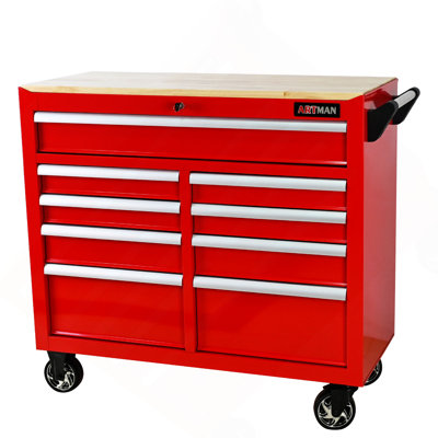 Chariot à outils multifonctionnel à 9 tiroirs avec roulettes et plateau en bois
