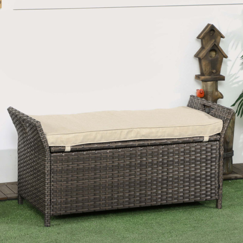 27 Gallon Patio Wicker Storage Bench, Outdoor PE Rattan Patio Furniture, 2-In-1 Large Capacity Rectangle Garden Storage Box With Handles And Cushion, Cream White