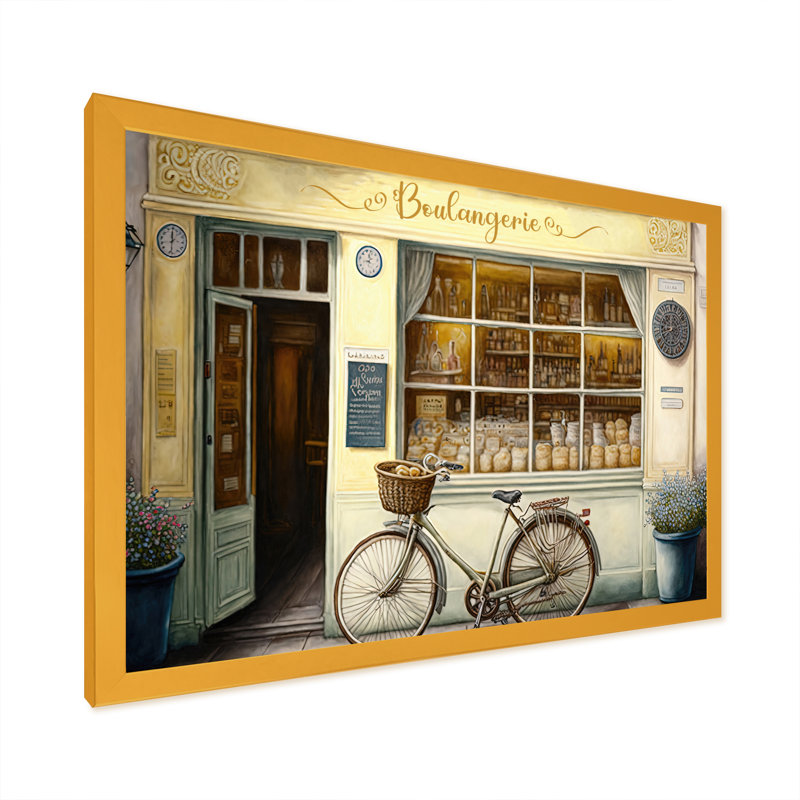 Vélo devant une boulangerie française I - Peinture sur toile, Impression dorée sur toile encadrée