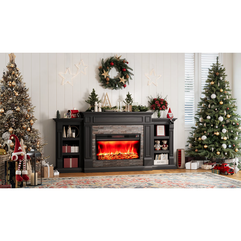 Winston Porter 80" Electric Fireplace Mantel With 30" Electric Fireplace, Fireplace Tv Stand For Tvs Up To 90 Inch, Black