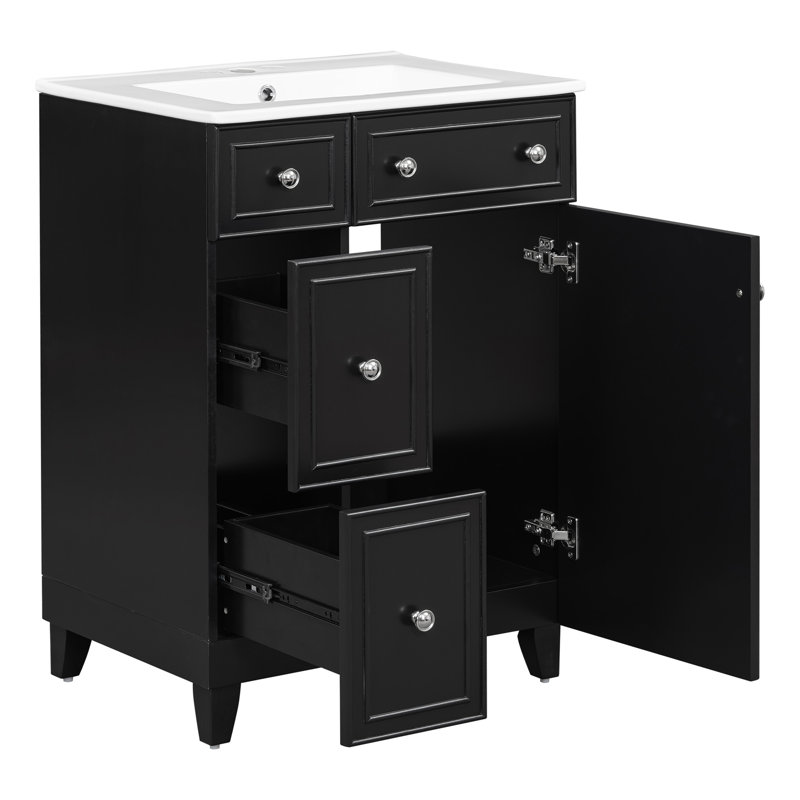 Armoire de meuble-lavabo 24 po avec lavabo en céramique, 2 tiroirs, 1 porte, Noir