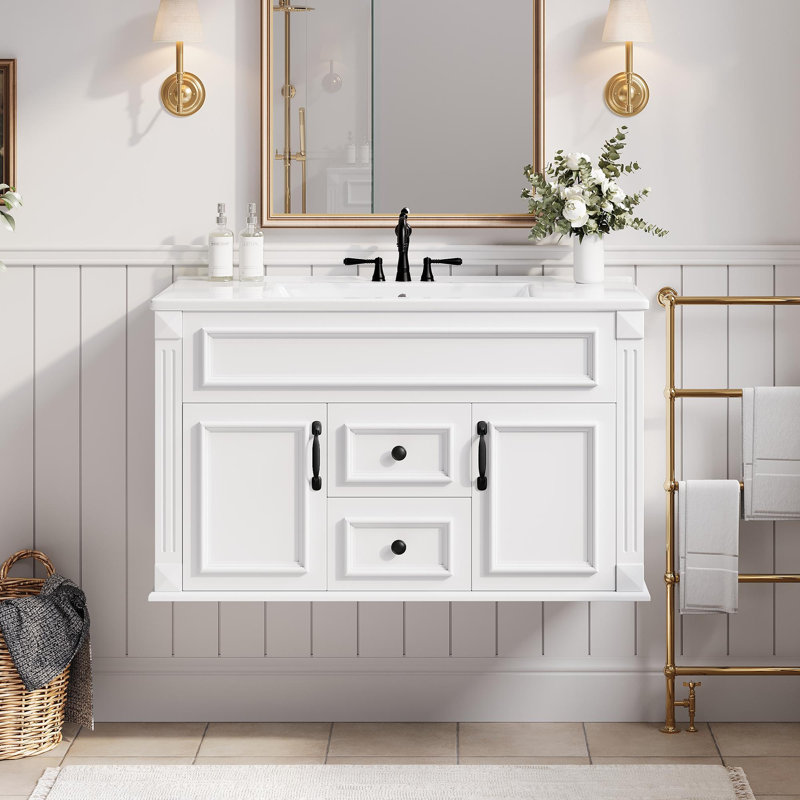 Single Bathroom Vanity with Ceramic Top, Blanc
