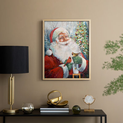 Santa and Cardinals Framed Print - Solid Wood