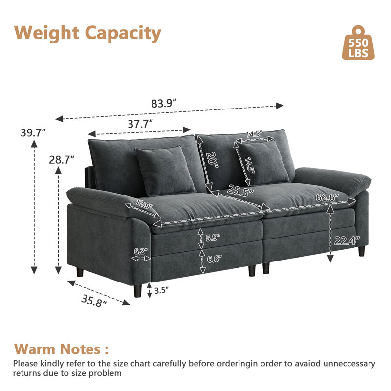 83.9-Inch Modular Sectional In Chenille Fabric, Gray