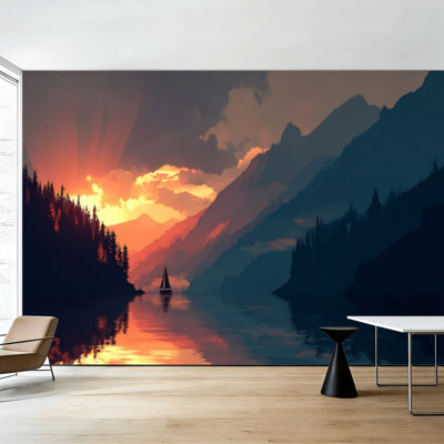 Adhésif mural amovible Peel and Stick Fiery Sunset Calm Lake
