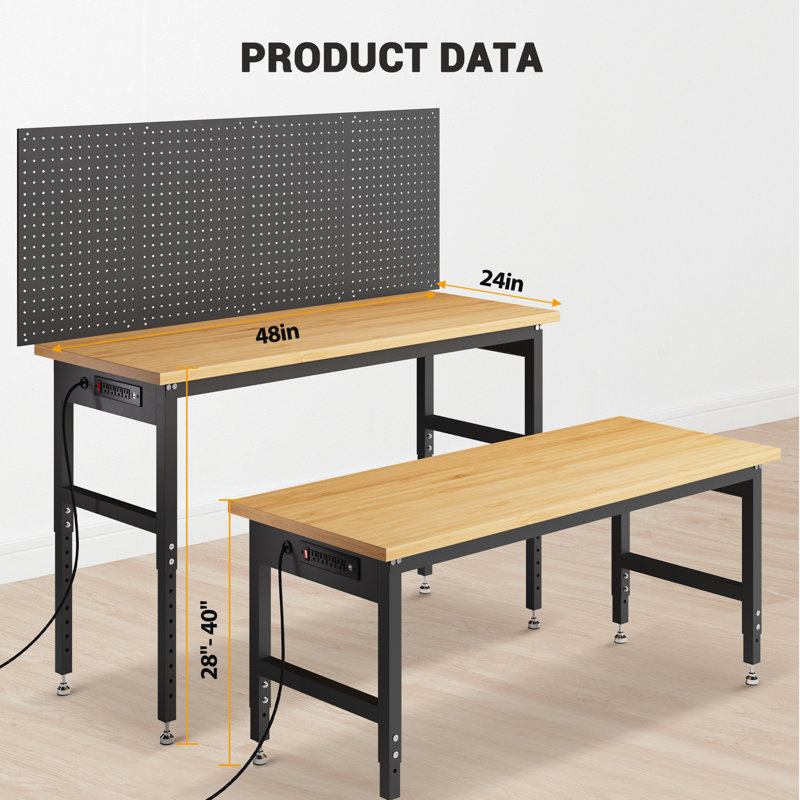 Établi réglable à 2 niveaux avec panneau perforé et prises de courant, table de travail pour le garage