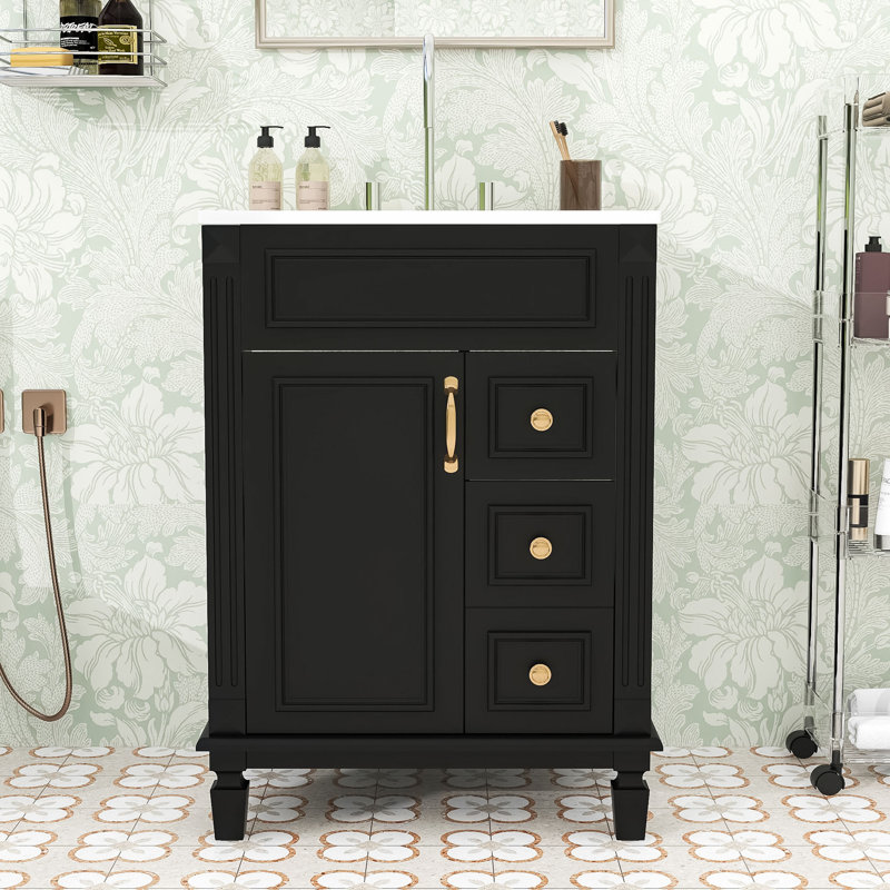 Compact Bathroom Vanity with Retro Charm: French-Inspired Design, Premium Sink, Black