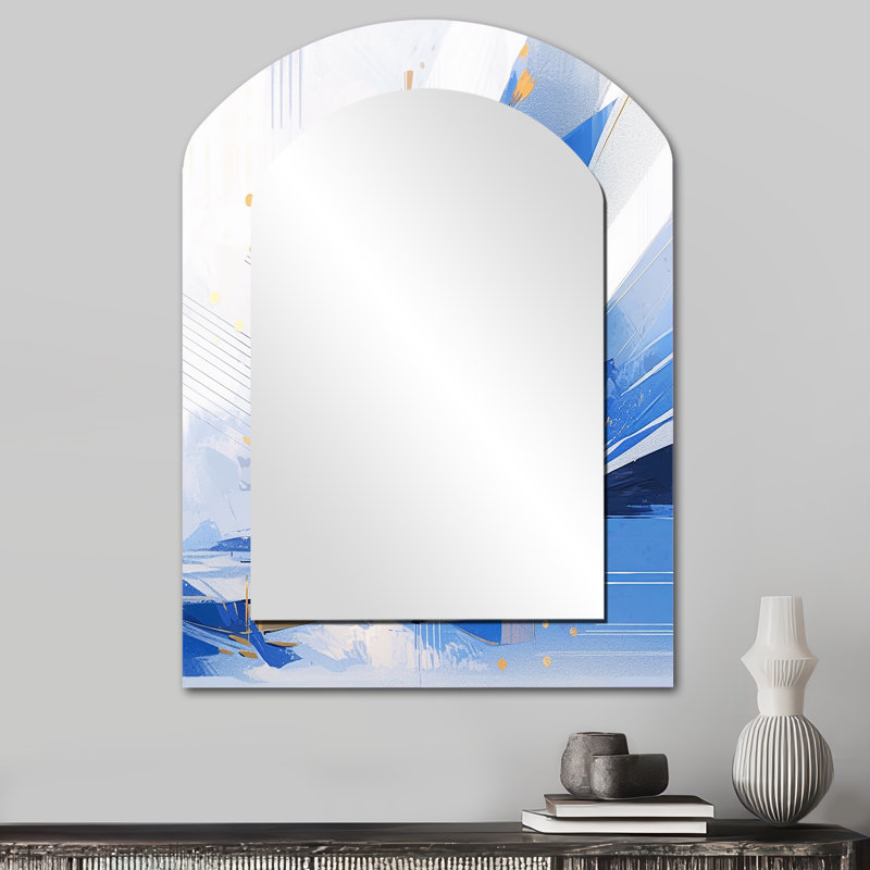 Bleu blanc cubiste kaléidoscope II - miroir décoratif cubique asymétrique, miroir mural arqué bleu, impression d'art en métal