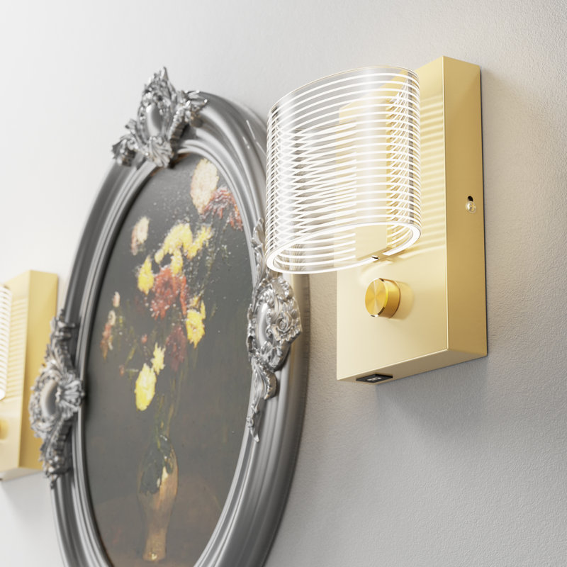 Wall Lamp With Dimmer Switch And USB Charging Port Oval Linear Sleek Lampshade , Gold