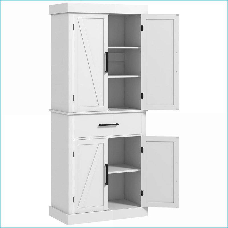 Kitchen Pantry Storage Cabinet, 72" Tall Farmhouse Freestanding with 4 Barn Doors, Drawer, White | Particle Board | Engineered Wood