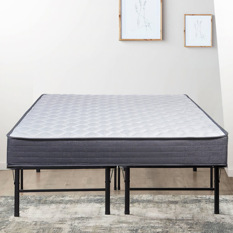 Huckle 9" Motion Isolating Innerspring Medium Firm Hybrid Mattress w/ 14" Metal Platform Bed, Queen