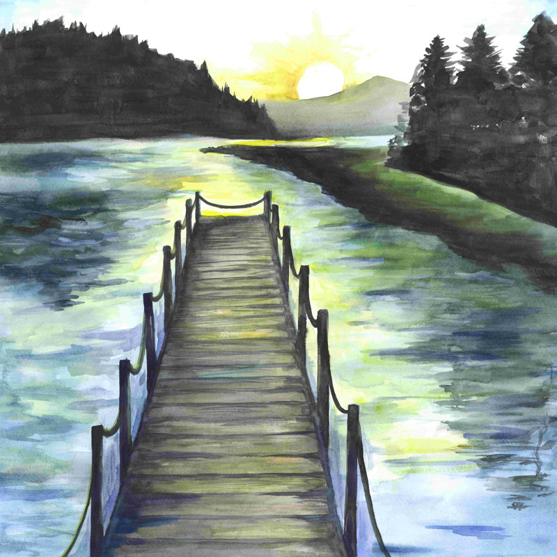 «Lake Dock Sun Rise», peinture sur toile tendue, H 12 po x l 12 po