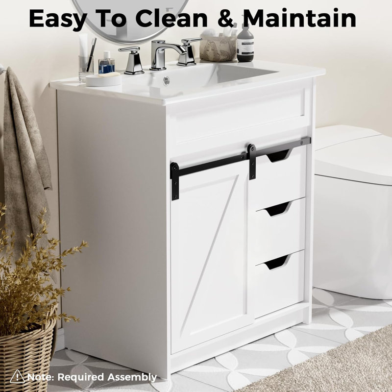 30" Farmhouse Single Sink Bathroom Vanity Set, Freestanding with Barn Door & 3 Drawers, White, Triple