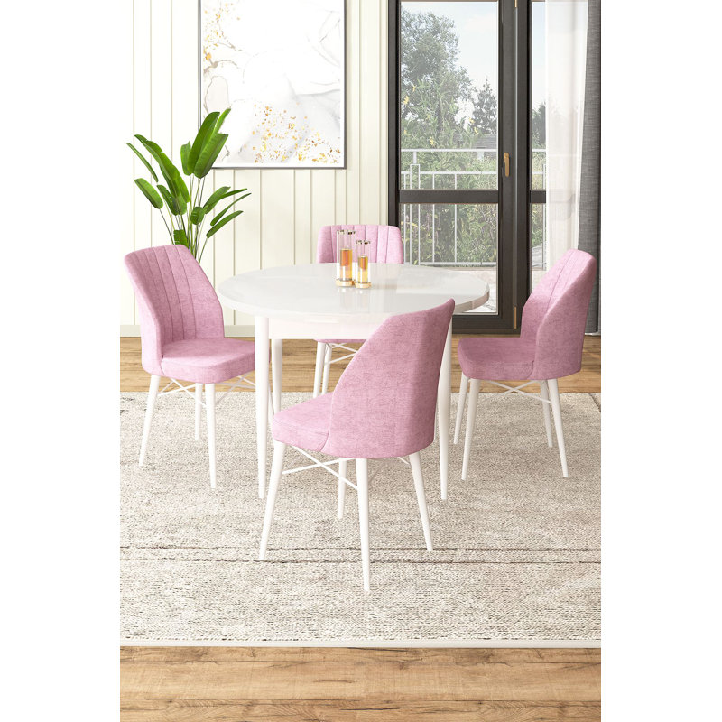 Ensemble de table et chaises de salle à manger moderne 5 pièces, blanc et rose, 35,4 x 29,5 x 35,4 pouces | Panneau de particules 100% mélaminé avec pieds en bois et cadres en métal | Confortable dossier 22 en mousse et siège en mousse 28 po | Décoration intérieure élégante