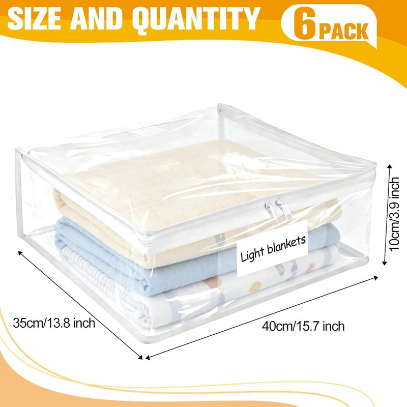 Lot de 6 sacs de rangement en plastique transparent avec fermeture éclair, en vinyle lisse, pour vêtements, literie, pulls, couettes, couvertures et draps, 40 x 35 x 10 cm, blanc transparent
