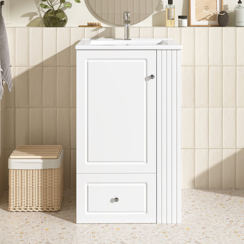 Meuble-lavabo autoportant de 20 pouces avec lavabo en céramique, tiroir à fermeture en douceur et barre à serviettes pour les petites salles de bain