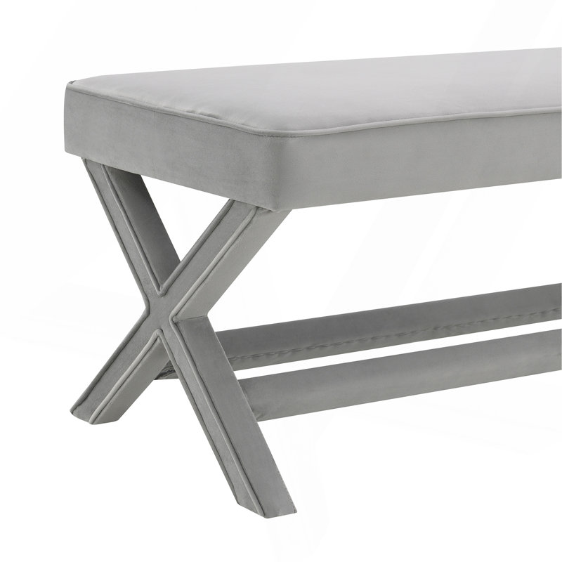Double banc Comfort recouvert de tissu de velours, tabouret avec pieds élégants en X, coussin confortable avec passepoil, velours gris clair