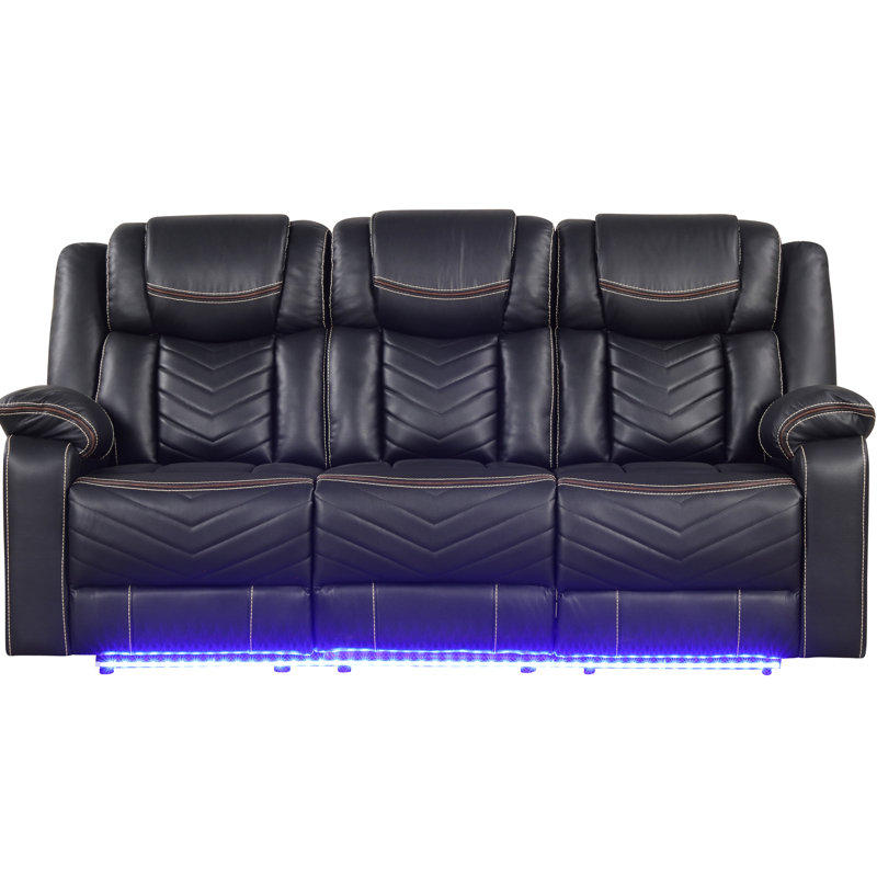 Mobilier de salon contemporain inclinable électrique 2 pièces, similicuir noir, porte-gobelets, audio, éclairage à DEL, compartiment moderne caché pour espace, compartiment, décor