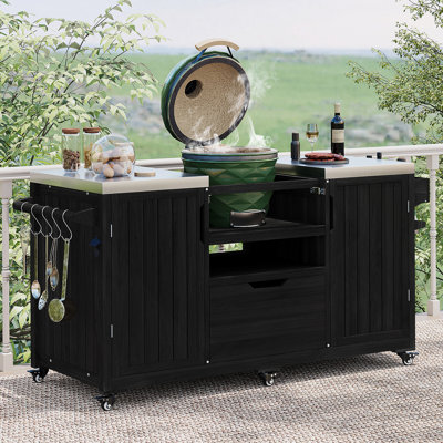 Îlot de cuisine extérieur de 66,5 po pour grands œufs verts, chariot de barbecue en bois massif pour barbecue de table avec plateau en acier inoxydable, tiroir, compatible avec un grand œuf vert, Kamado Joe - noir