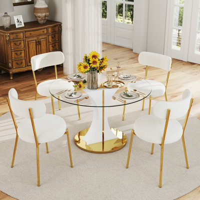 39"Round Tempered‑Glass Dining Table Set, Duoble-C Pedestal Table with 4/6 Teddy Dining Chairs, Modern Glam for Dining Room, Kitchen