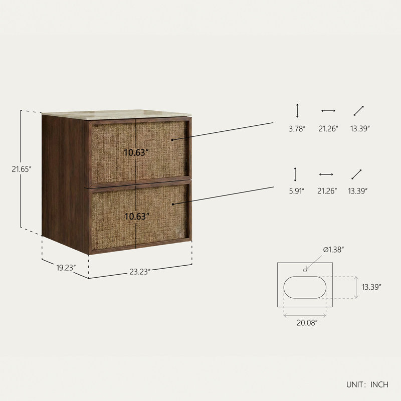 Meuble-lavabo mural de 59 cm (23,2 po) avec comptoir en céramique, fini noyer foncé et façade de tiroir en rotin