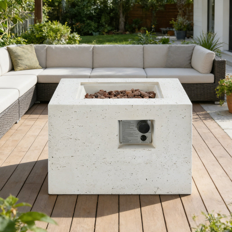 24" Outdoor Square Fire Pit with Rain Cover for Outside Patio, Beige