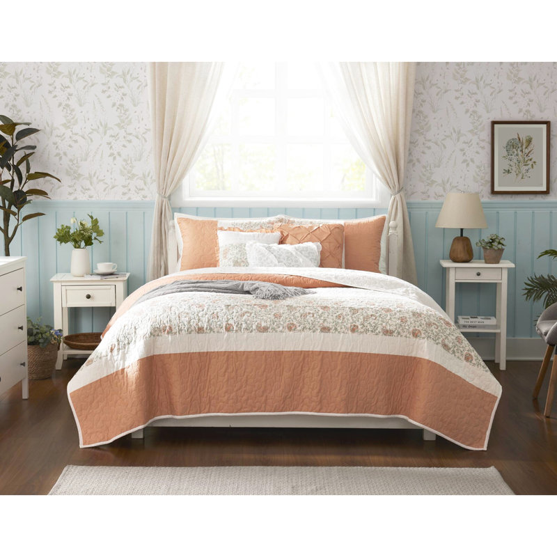 Courtepointe 6 pièces en corail réversible, double / grand, couleur coton avec coussins décoratifs, pour chambre à coucher