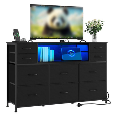 LED TV Stand Dresser for 40-55 Inch TVs - 10 Fabric Drawers, Power Outlets, 3-Tier Wood Storage Cabinet, Open Shelves Entertainment Center, Living Room, Bedroom, Black