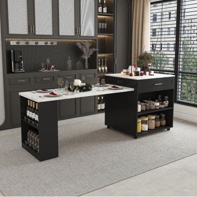 Îlot de cuisine de 80 pouces avec table de salle à manger, comptoir en grain de marbre avec prise de courant, chariot de rangement mobile avec armoire et 2 tiroirs, table de préparation de cuisine (noir)