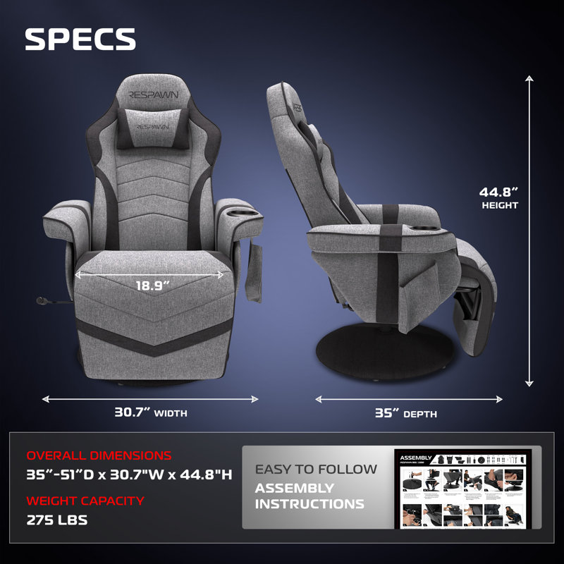 Fauteuil de jeu inclinable RESPAWN 900 avec repose-pieds, porte-gobelet et pivot, tissu gris