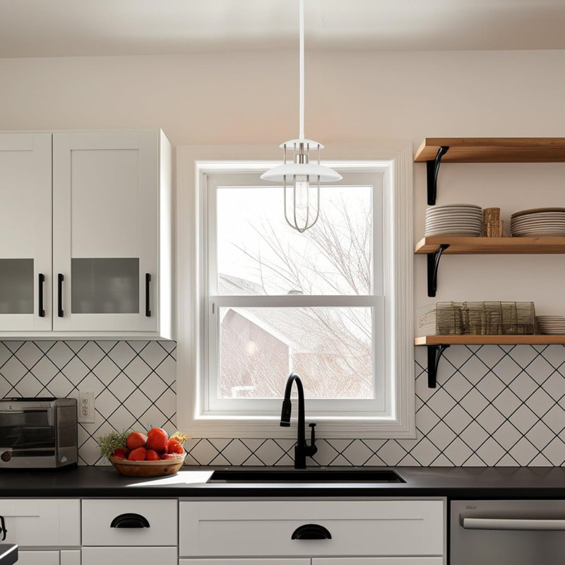 12" Industrial Farmhouse Metal Cage Hanging Ceiling Lantern Pendant Light, Adjustable Height, White + Brushed Nickel Finish