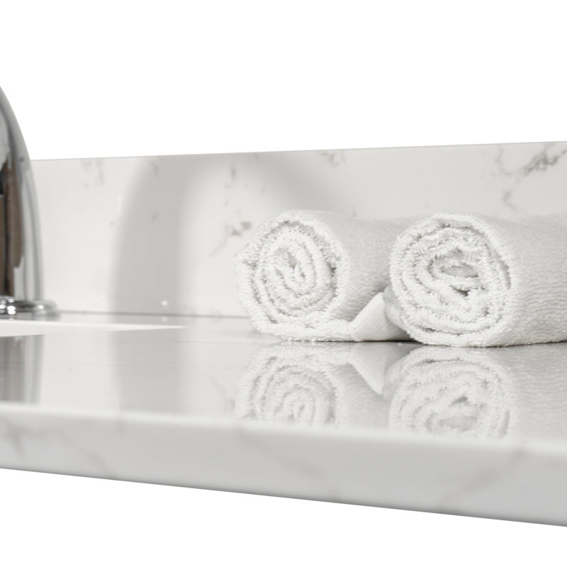 Comptoir de meuble-lavabo en marbre blanc 43 po x 22 po - Pierre d'ingénierie, lavabo encastré rectangulaire en céramique, dosseret, ouverture de robinet