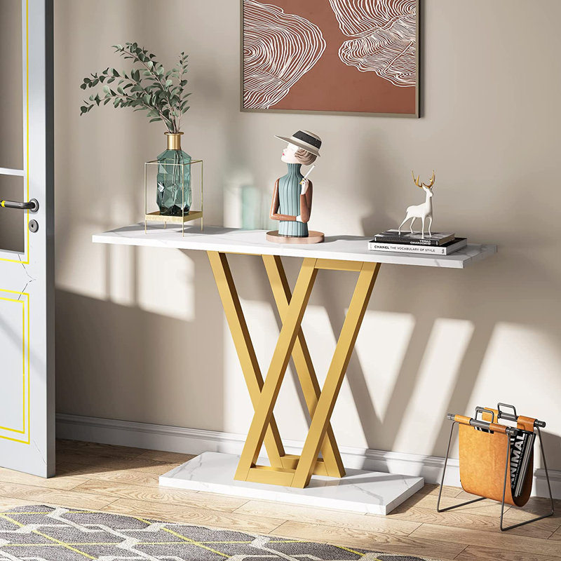 Gold and White Faux Marble Console Table with V-Legs