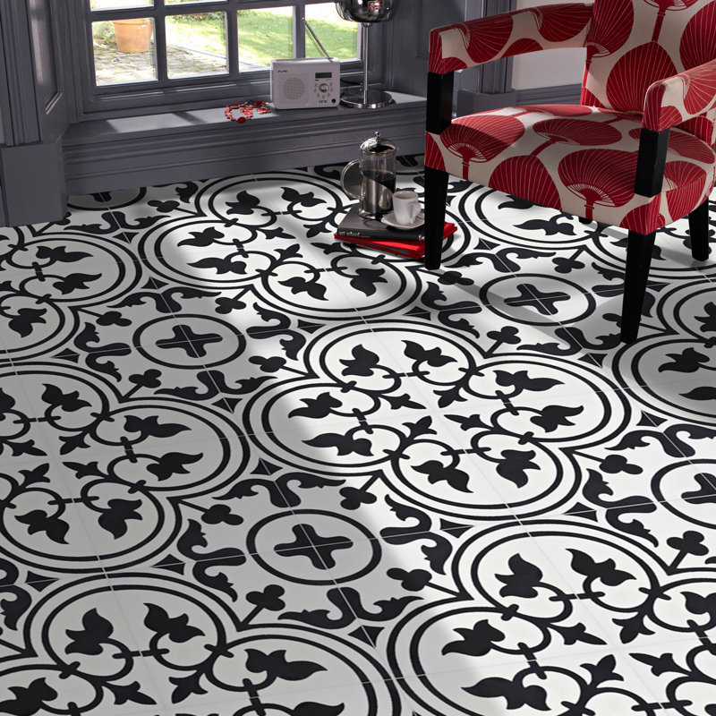 Carreau de ciment à motif pour mur et plancher 8 po x 8 po Casa, Blanc / noir