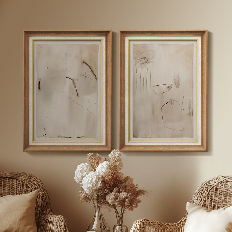 «Minimal Neutral Marks Subtle Contemporary», ensemble de 2 reproductions d'art mural encadrées de qualité supérieure sur papier 26 po x 36 po