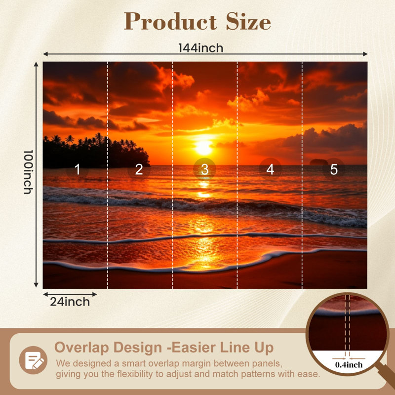 Papier peint auto-adhésif Golden Sunset Tropical Beach Ocean Waves Palm Silhouette, L 96 po x l 69 po