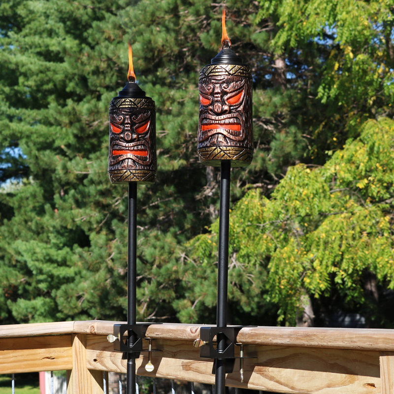 Clairville Tiki Face Tropical Red Resin 3-in-1 Outdoor Torch Set with Adjustable Height, Set Of 2