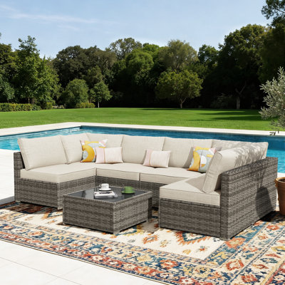 Ensemble de conversation extérieure 7 pièces, ensemble de conversation de patio en osier, ensemble de canapé modulaire toutes saisons avec coussins pour le jardin, la cour