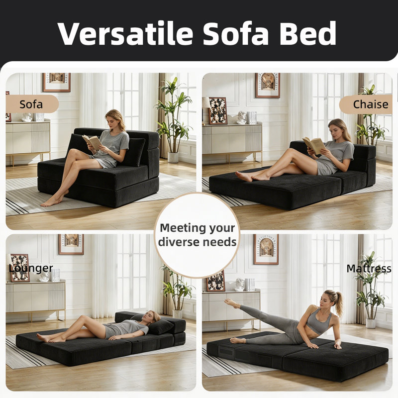 Boneless Folding Sofa Bed, Convertible Sleeper Chair with Pillow, Loveseat Fold Out Chair Bed, Memory Foam Floor Couch Mattress, Foldable Futon Couch Lounge for Living Room (Corduroy)
