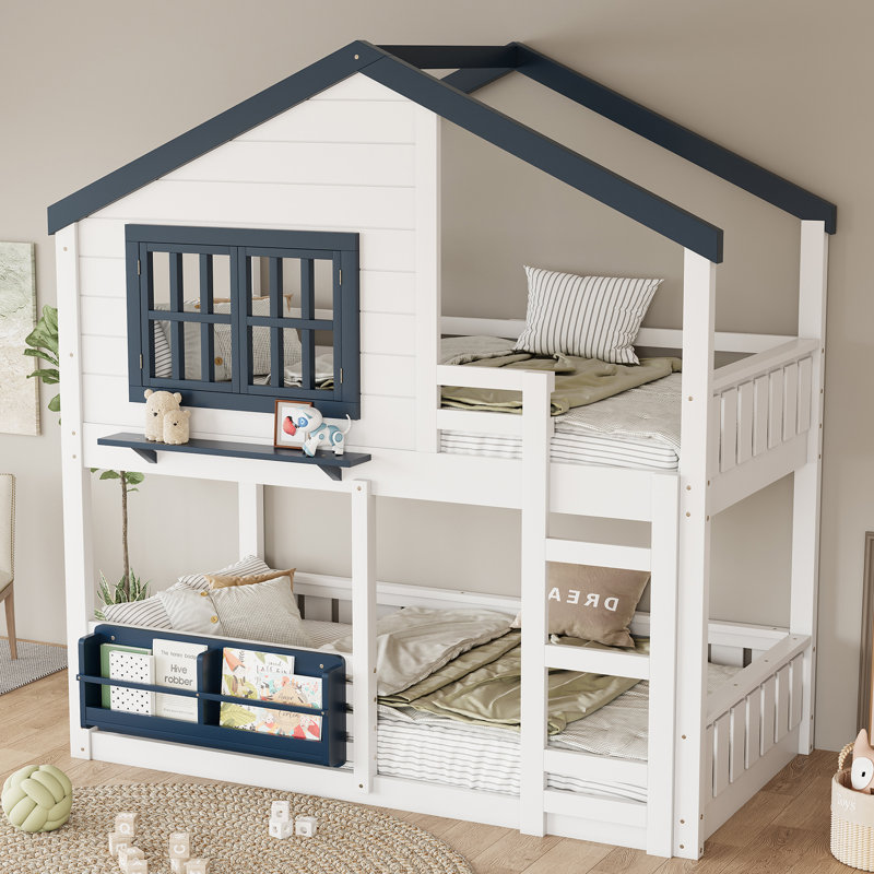 Lit superposé Kids House, Simple sur simple, Blanc / Bleu