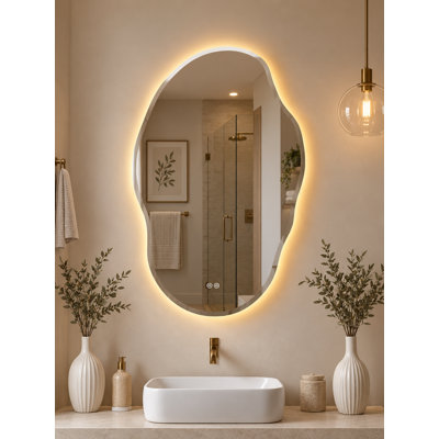 25" x 35" Asymmetrical LED Bathroom Mirror, Backlit Vanity Mirror with Anti-Fog & Dimmable 3-Color Lighting